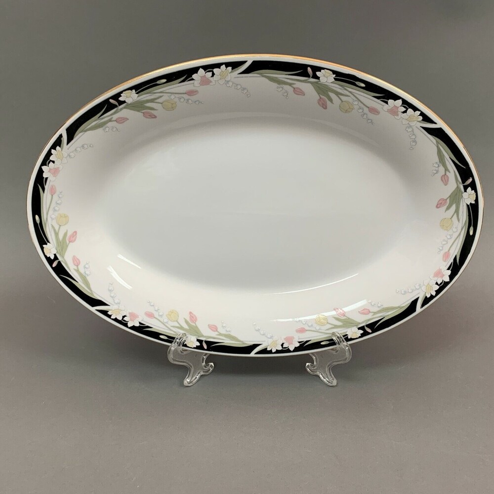 Crown Ming Michelle Oval Platter Plate Gold Trim Multicolor Floral Black‎ Band